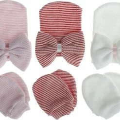 Alternative view of Babysweet Pasgeboren Babymutsje In Het Wit Met Strikje- Babyborn Muts - Babymuts Met Handschoenen - Meisjes - Roze - Newborn Muts