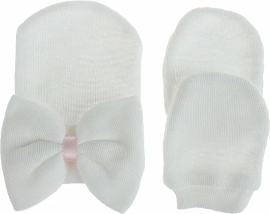 Babysweet Pasgeboren Babymutsje In Het Wit Met Strikje- Babyborn Muts - Babymuts Met Handschoenen - Meisjes - Roze - Newborn Muts 3 Babysweet Pasgeboren Babymutsje In Het Wit Met Strikje- Babyborn Muts - Babymuts Met Handschoenen - Meisjes - Roze - Newborn Muts