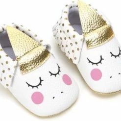 Merkloos Eenhoorn Baby Slofjes - Wit Roze Goud - 12/15 Maanden - Unicorn - PU Leer - Mocassins - Kraamcadeau - Babyshower