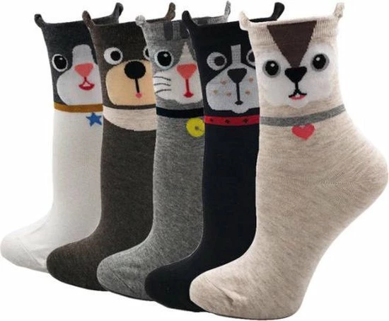 Winkrs - 5 Paar Dieren Sokken - Cartoon - Damessokken Set - Kindersokken Met Oortjes - Kat, Beer, Hond 3 Winkrs - 5 Paar Dieren Sokken - Cartoon - Damessokken Set - Kindersokken Met Oortjes - Kat, Beer, Hond