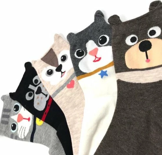 Winkrs - 5 Paar Dieren Sokken - Cartoon - Damessokken Set - Kindersokken Met Oortjes - Kat, Beer, Hond 4 Winkrs - 5 Paar Dieren Sokken - Cartoon - Damessokken Set - Kindersokken Met Oortjes - Kat, Beer, Hond - Afbeelding 2