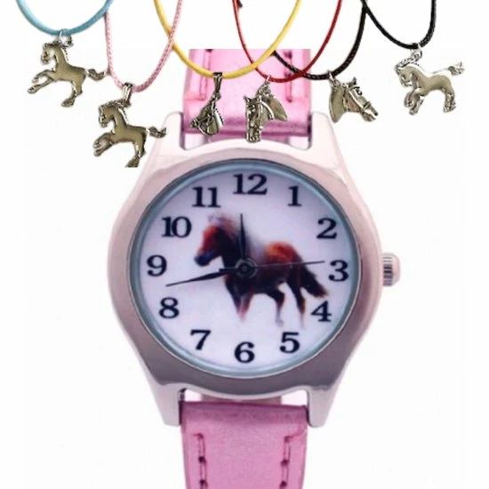 Horloge-Paard-Licht Roze-Leer-Met Paard Ketting-Extra Batterij-Charme Bijoux 3 Horloge-Paard-Licht Roze-Leer-Met Paard Ketting-Extra Batterij-Charme Bijoux