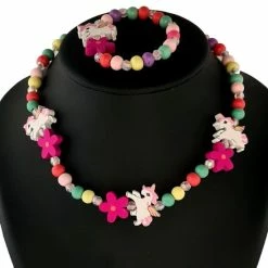 Alternative view of Fako Bijoux® - Kinderketting En Armband - Hout - Eenhoorn & Bloemetjes Fuchsia - Sinterklaas & Kerst