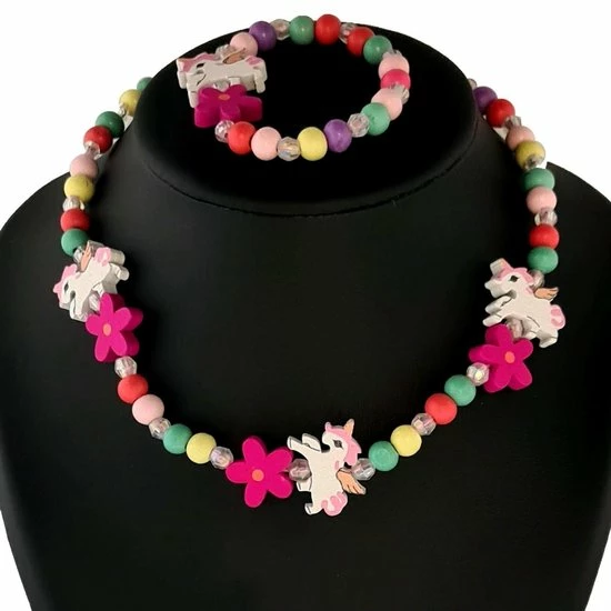 Fako Bijoux® - Kinderketting En Armband - Hout - Eenhoorn & Bloemetjes Fuchsia - Sinterklaas & Kerst 4 Fako Bijoux® - Kinderketting En Armband - Hout - Eenhoorn & Bloemetjes Fuchsia - Sinterklaas & Kerst - Afbeelding 2