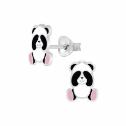 JYC Joy|S - Zilveren Panda Oorbellen - 6 X 8 Mm - Zwart Wit Met Roze Voetjes